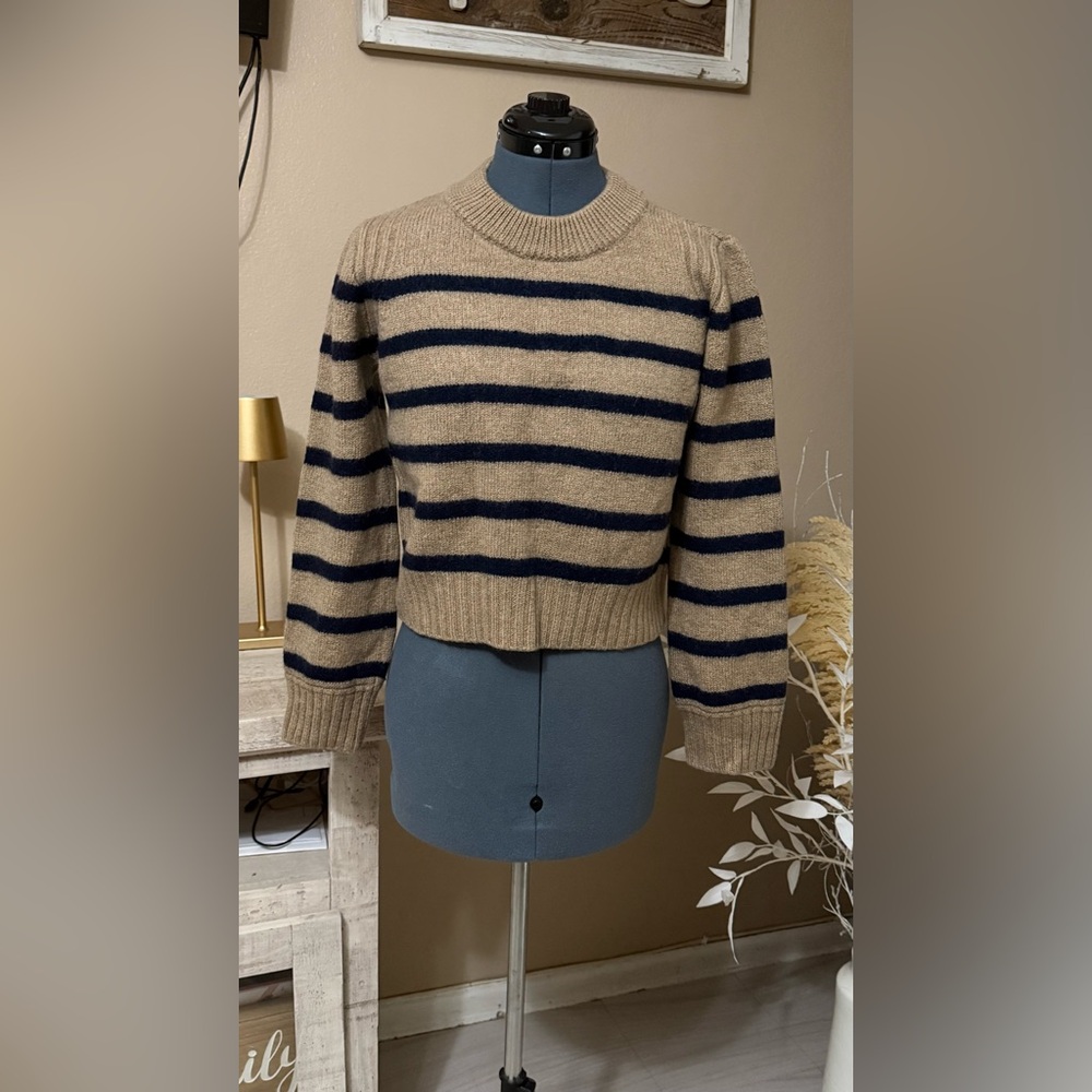 LA LIGNE 100% Merino wool Camel and Navy Striped Crew Sweater